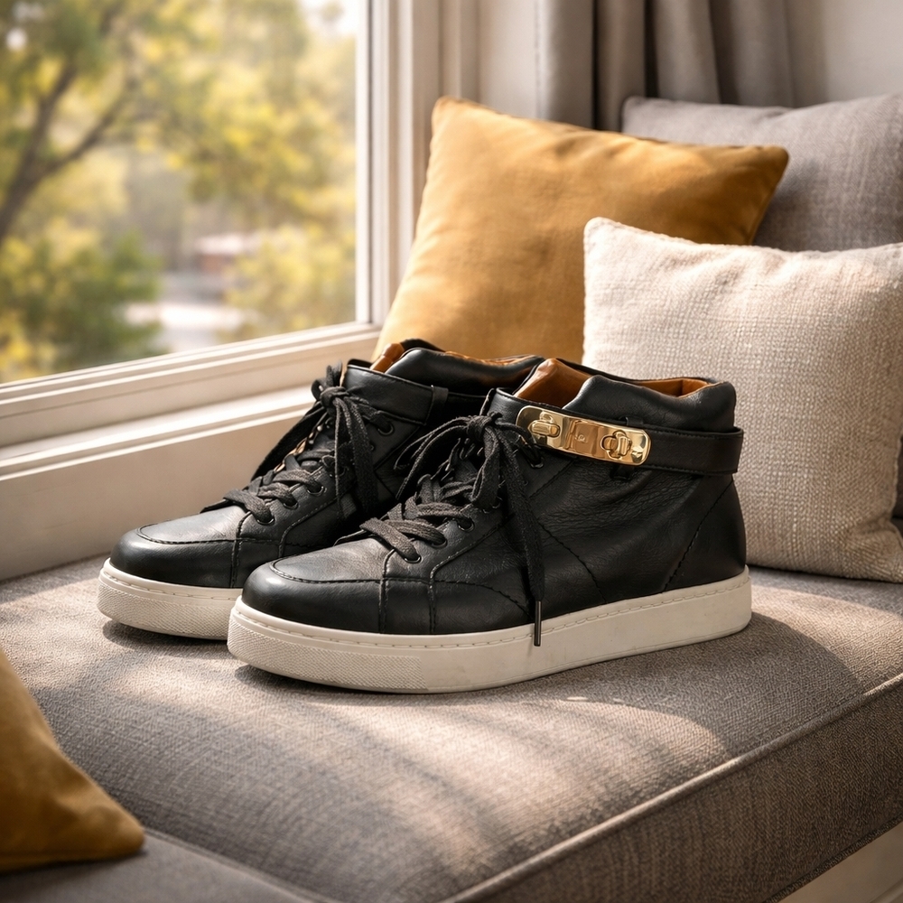 Coach Black Ankle Boots with Gold Accent - Picture 1 of 6